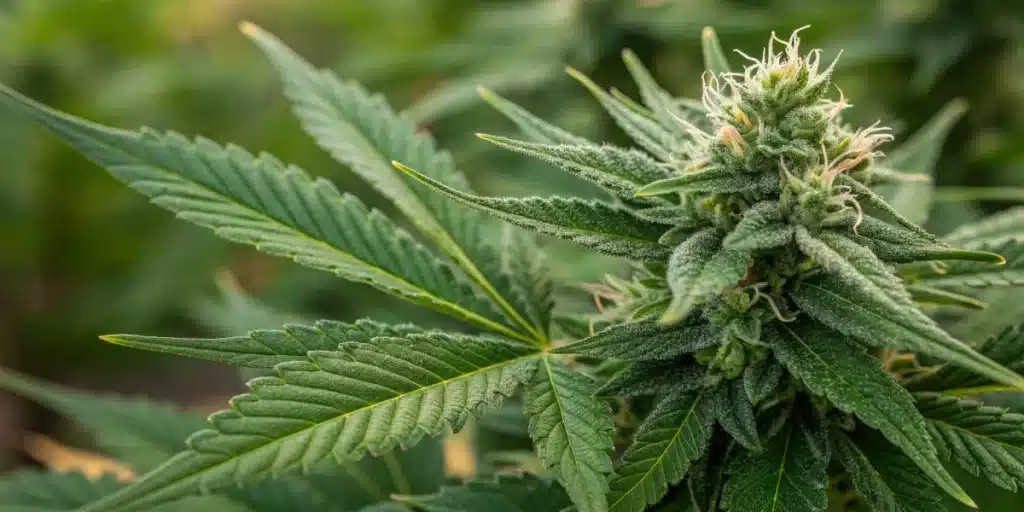 Close-up of Velvet Lushers Weed Strain cola with frosty trichomes and vibrant green leaves in an outdoor setting.