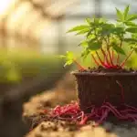 Cannabis red roots exposed beneath healthy green plant in greenhouse environment.