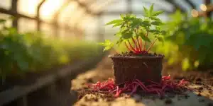 Cannabis red roots exposed beneath healthy green plant in greenhouse environment.