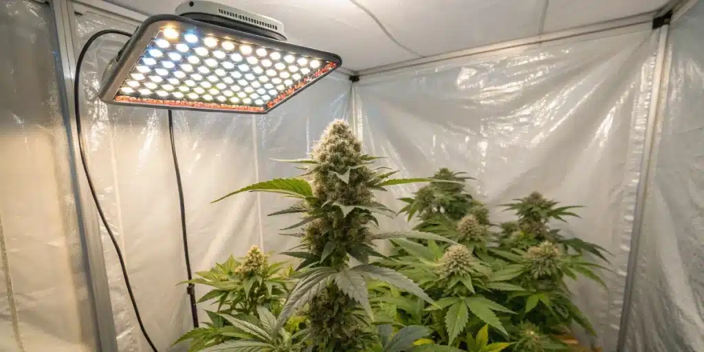 White Russian FV Strain blooming indoors under full-spectrum LED light with dense buds and healthy green foliage