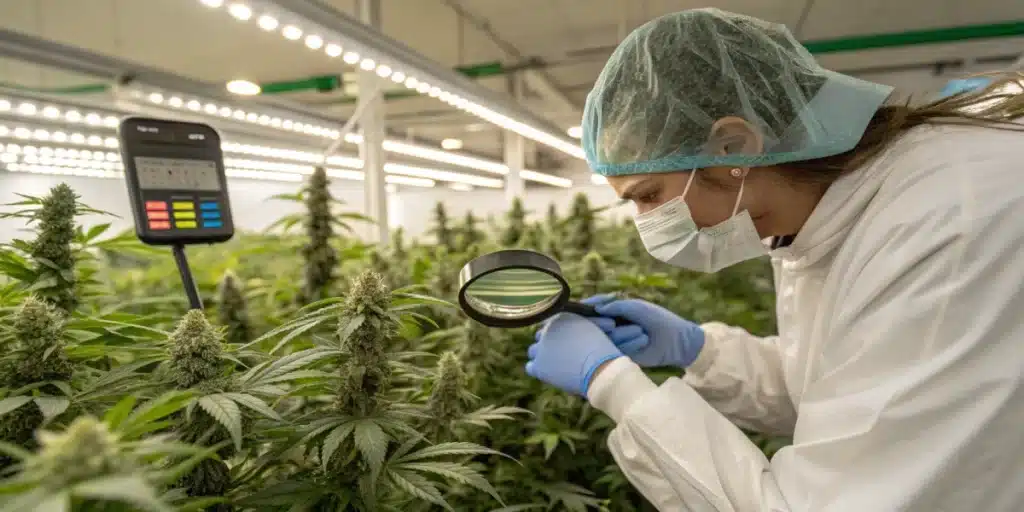 Technician in lab gear inspecting White Russian FV Strain for pests with magnifying glass under LED lights in a controlled grow facility