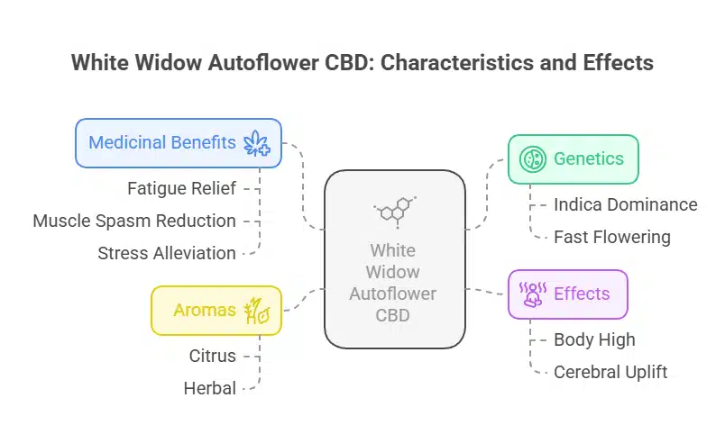 White Widow Autoflower CBD strain infographic showing genetics, effects, aromas, and medical benefits.