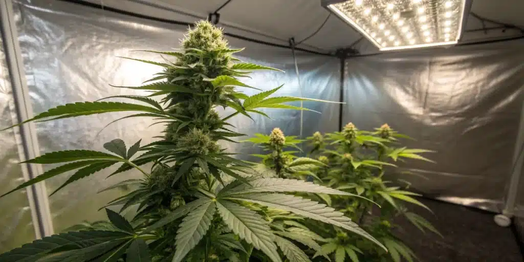 White Widow Autoflower CBD plant with dense buds and frosty trichomes in an LED-lit grow room.