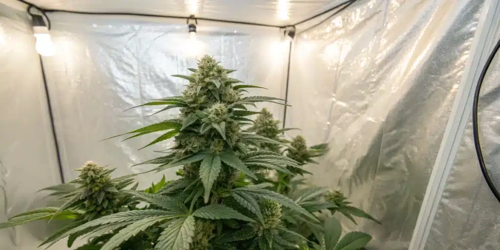 White Widow x California Snow Autoflower maturing indoors under bright grow lights inside a reflective tent setup