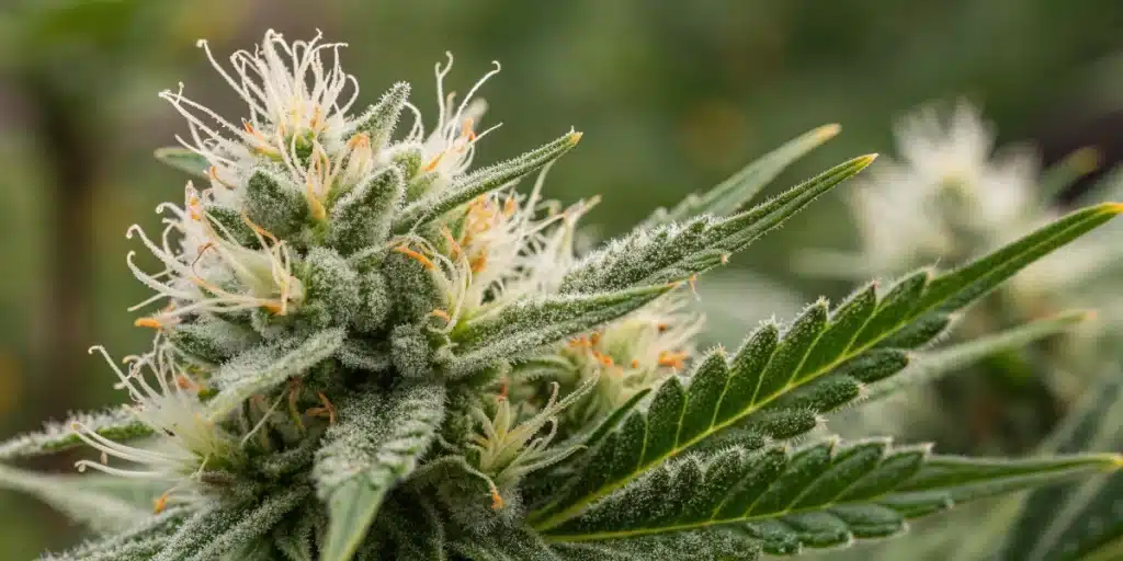 Close-up of White Widow x California Snow Autoflower bud with frosty trichomes and orange pistils in a lush outdoor grow