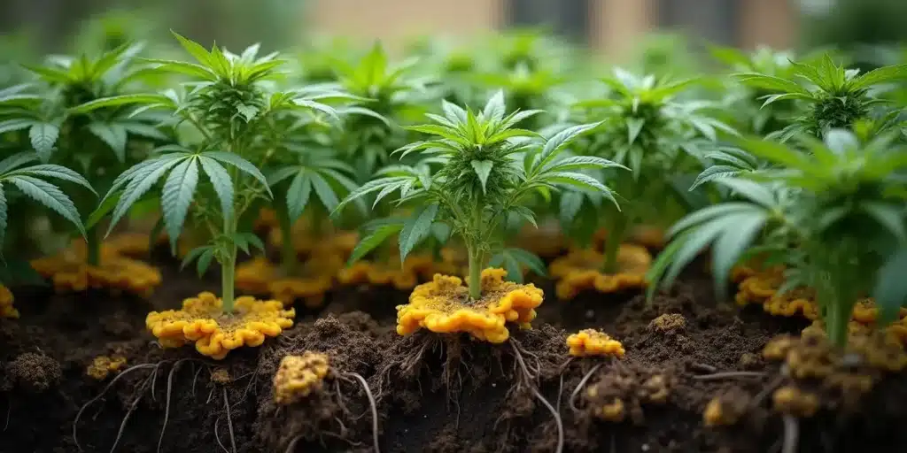 Yellow fungus on cannabis roots affecting young plants in a cultivated field.