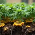 Yellow fungus on cannabis roots affecting young plants in a cultivated field.