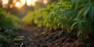 Early necrosis cannabis roots visible in young plants grown in soil gardens.