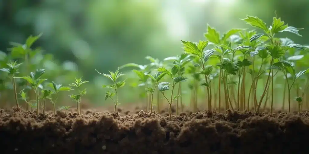 Early-stage cannabis plants vulnerable to root nematodes infestation in organic soil.