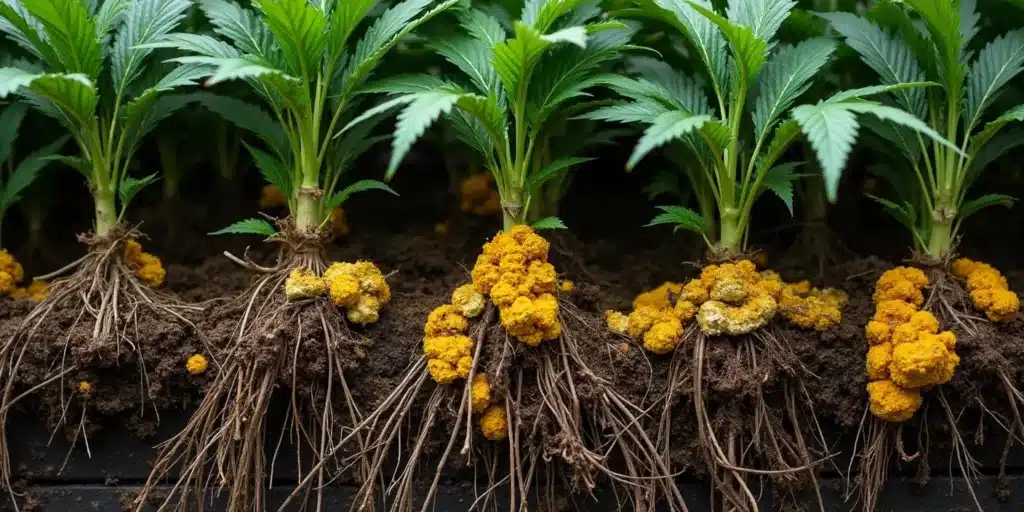 Early-stage yellow fungus infection on cannabis roots in organic soil.