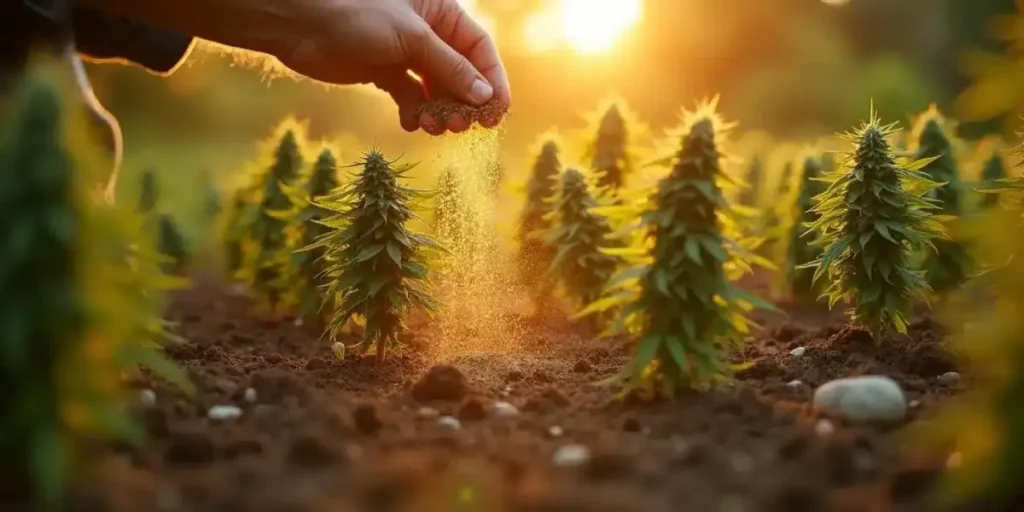 Fertilizer being applied to outdoor cannabis plants at sunset for healthy growth.