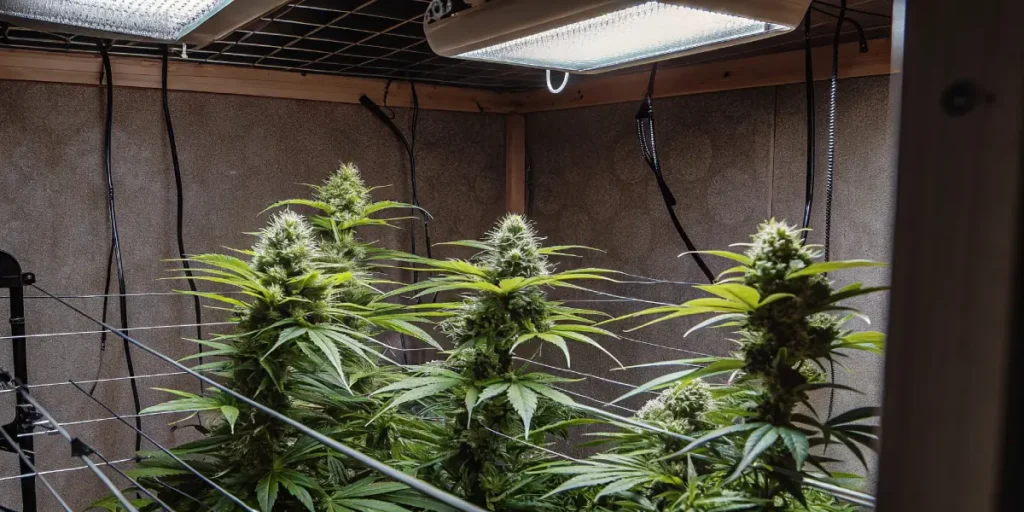 Cannabis plants trained with SCROG technique under LED lights in a grow tent