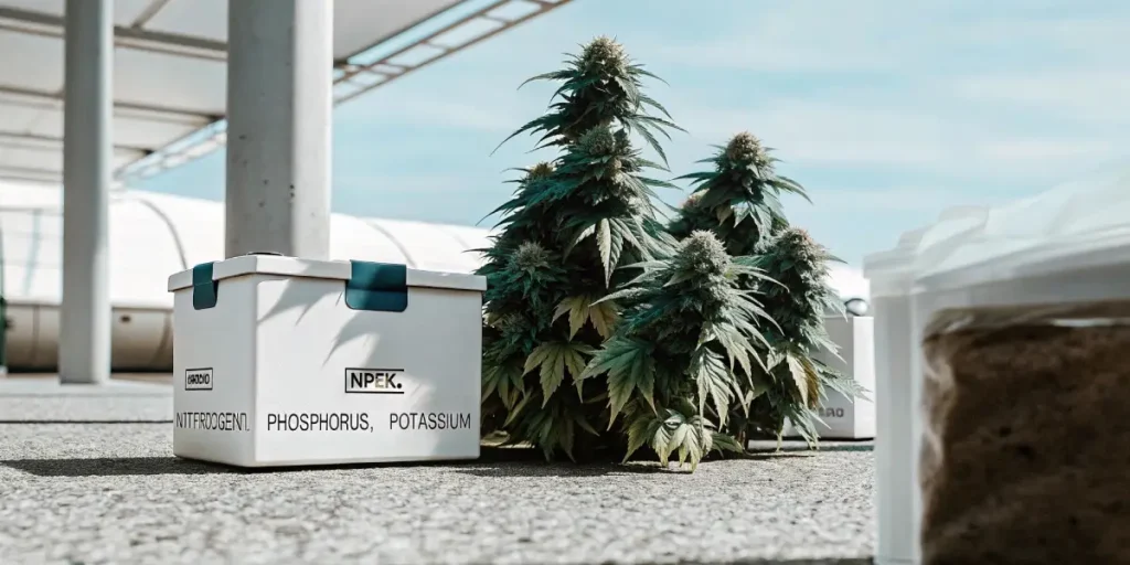 healthy outdoor cannabis plants growing next to NPK fertilizer containers