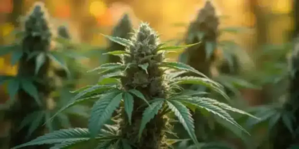 close-up of an outdoor cannabis plant in flowering stage under warm sunlight
