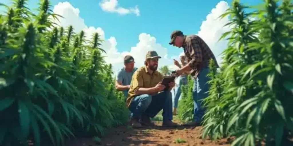 group of farmers inspecting cannabis plants in an open field on a sunny day