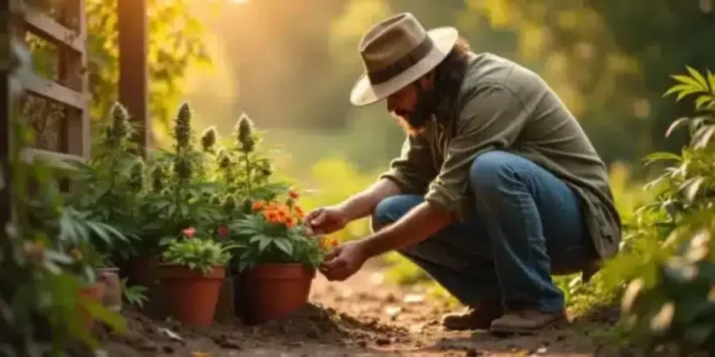 Gardener kneeling by cannabis plants in pots with ants crawling near flowers during golden hour.