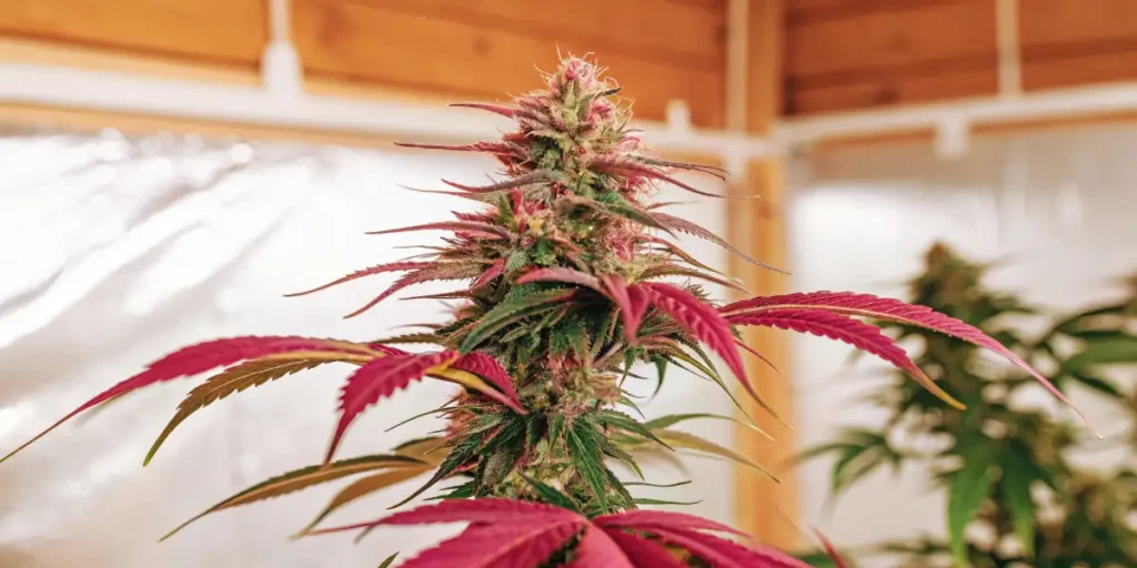 Star Killer cannabis plant in full bloom with vibrant purple and green leaves indoors