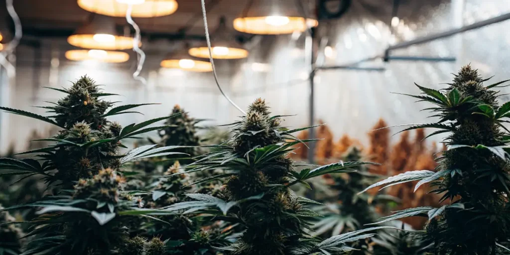 Indoor cannabis buds maturing under warm HPS lights in a controlled environment