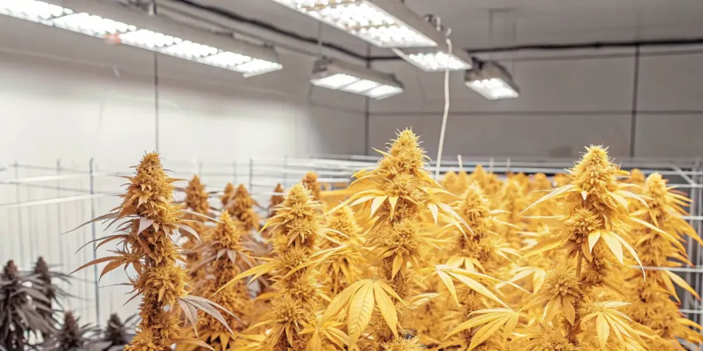 Indoor cannabis grow room with flowering orange-tinted plants under LED lights