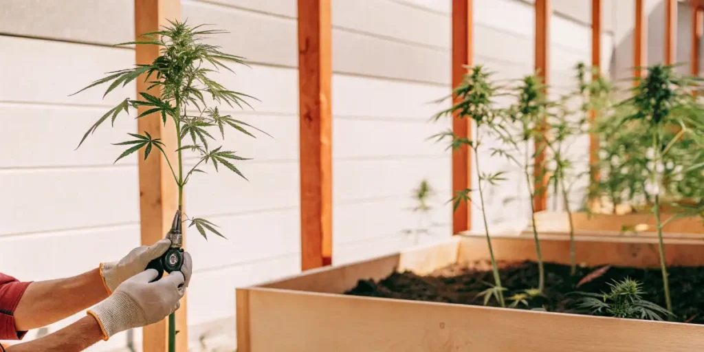 outdoor cannabis plant being trimmed in an early growth stage in a wooden raised bed garden