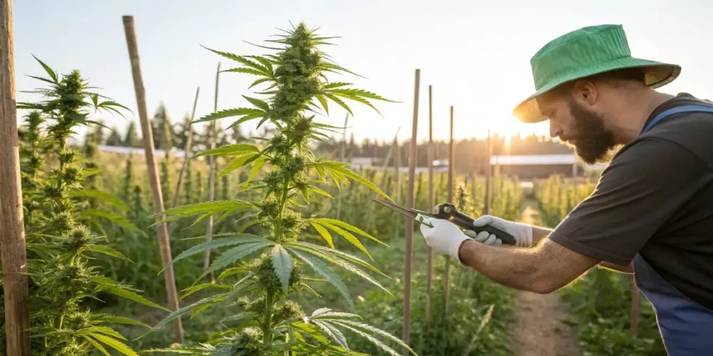 farmer trimming mature outdoor cannabis plant during flowering stage under natural sunlight