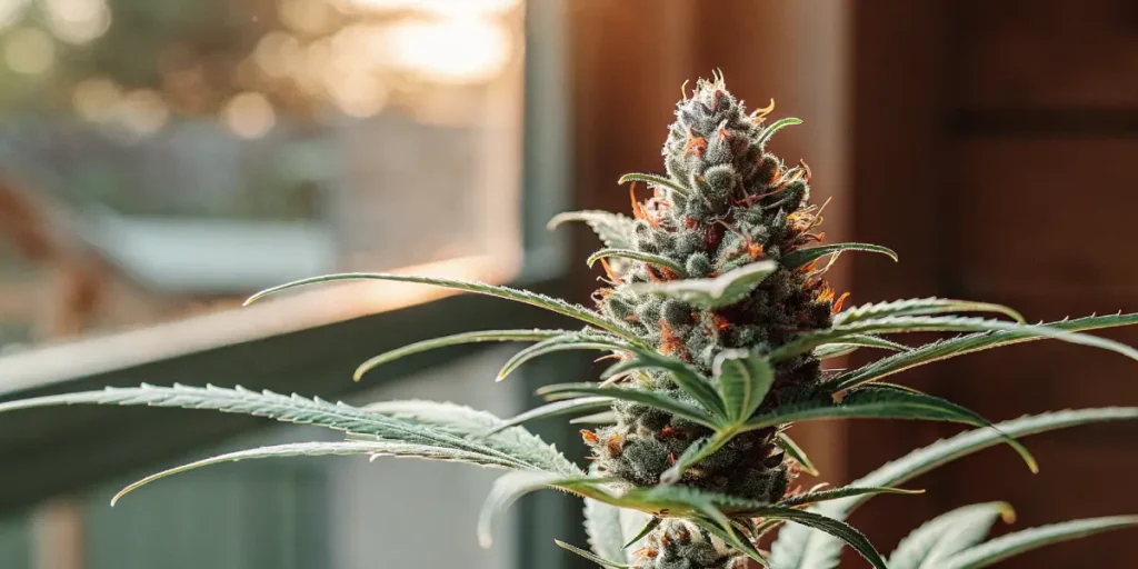 Outdoor cannabis plants in a lush field at sunset, with large buds and healthy green leaves