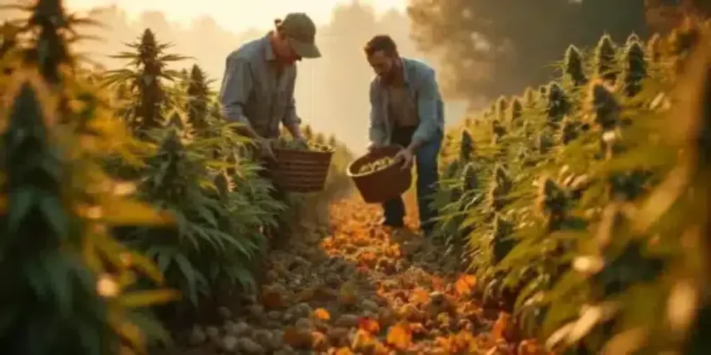 two farmers harvesting cannabis buds from outdoor plants during Michigan fall