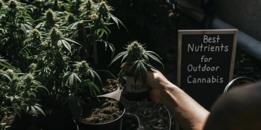 Outdoor cannabis plants with NPK nutrients bottle in low light setting