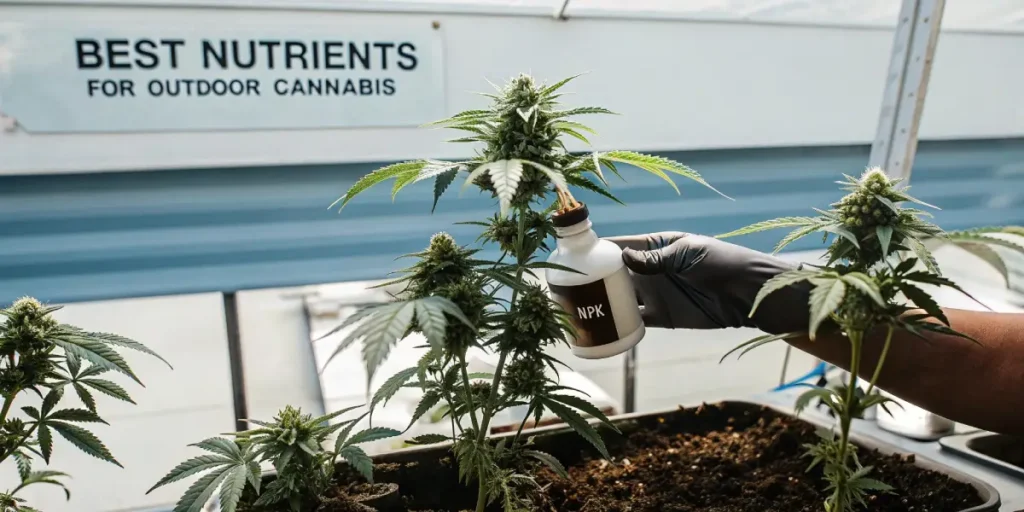 Outdoor cannabis plant being fed nutrients with NPK bottle in full daylight