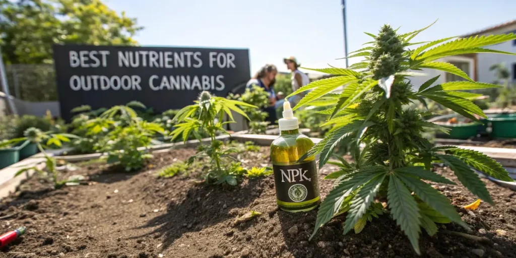 Outdoor cannabis garden with NPK nutrients bottle in bright sunlight