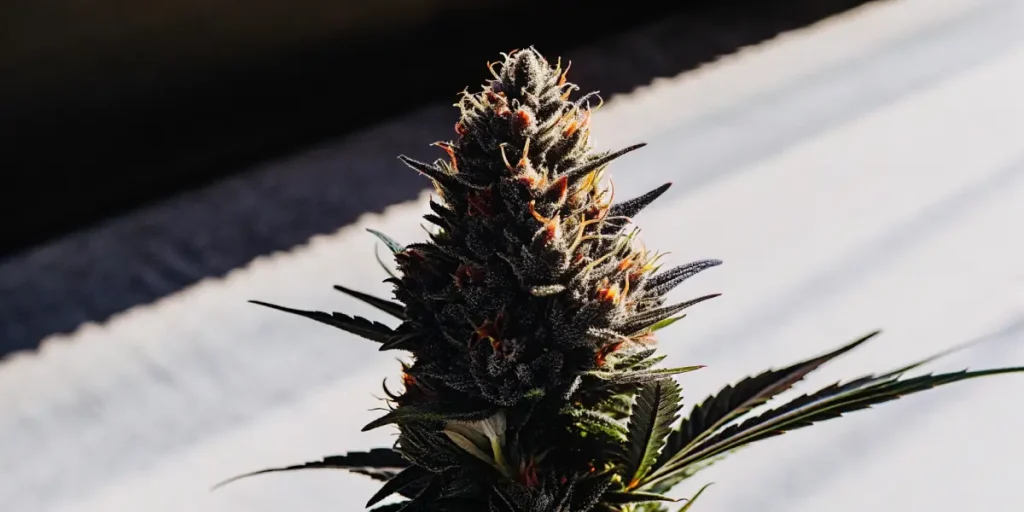 Close-up of flowering cannabis plants in an outdoor plantation, bathed in morning light