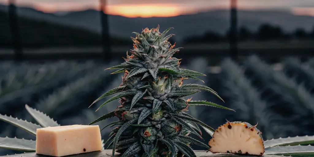 Close-up of Pineapple OG Kush bud with pineapple and cheese, highlighting its flavor profile.