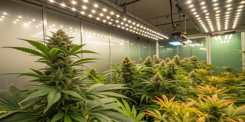Indoor cultivation of Pineapple OG Kush cannabis plants under LED lights.