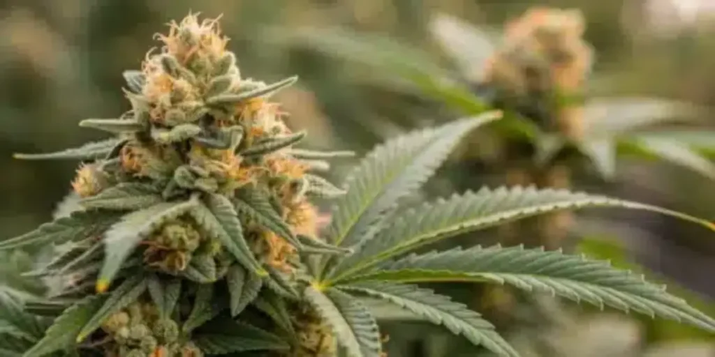 Outdoor Pineapple OG Kush cannabis plant with dense buds and green foliage.