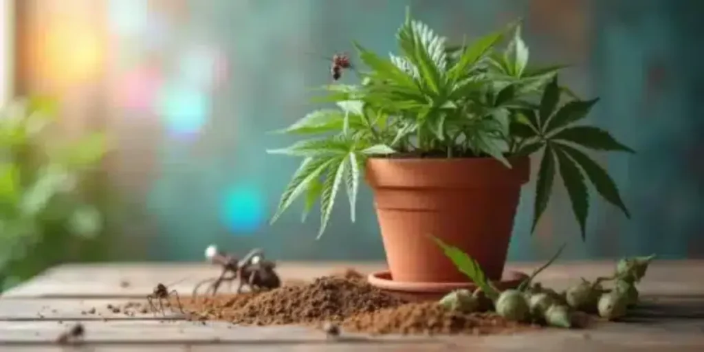 Cannabis plant in terracotta pot with ants crawling on soil and nearby buds.