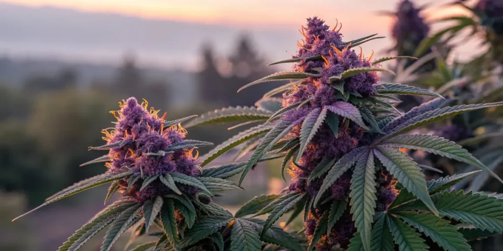 Close-up of Purple Urkle cannabis buds growing outdoors at sunset, with vibrant purple hues and orange pistils.