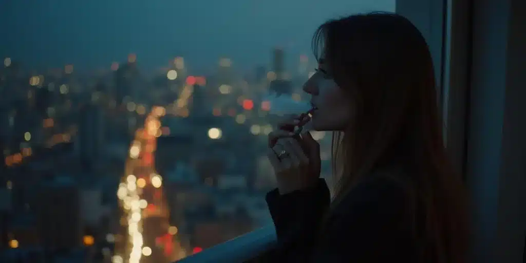 Woman smoking weed inside a high-rise apartment with city lights in the background.