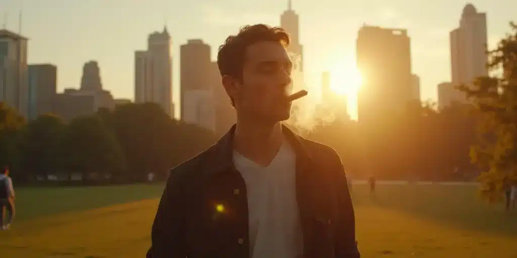 Man smoking weed in an urban park during sunset with city skyline in background.