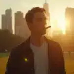 Man smoking weed in an urban park during sunset with city skyline in background.