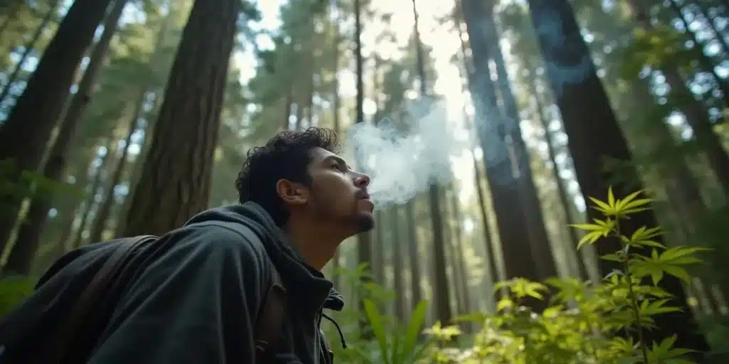 Person smoking weed in a forest surrounded by tall trees and natural greenery.