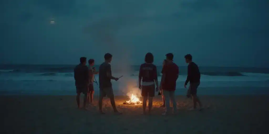 Group of friends smoking around a beach bonfire at dusk with ocean waves in the background.