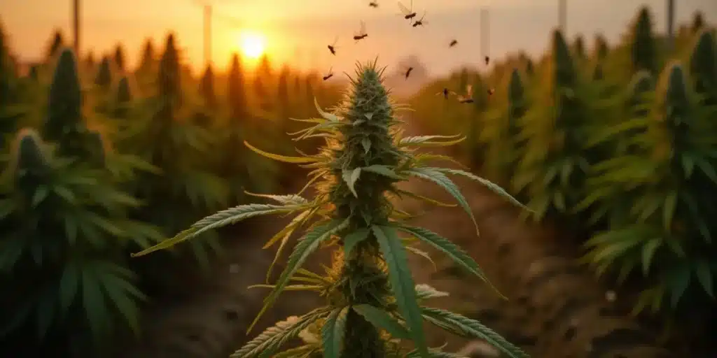 Close-up of cannabis bud with visible gnat damage and small insects present.