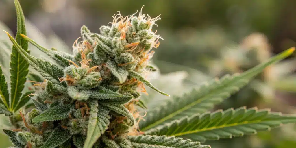 Close-up of resinous Zkittlez Kush Strain bud with orange pistils and sugar-coated trichomes against a blurred green background.