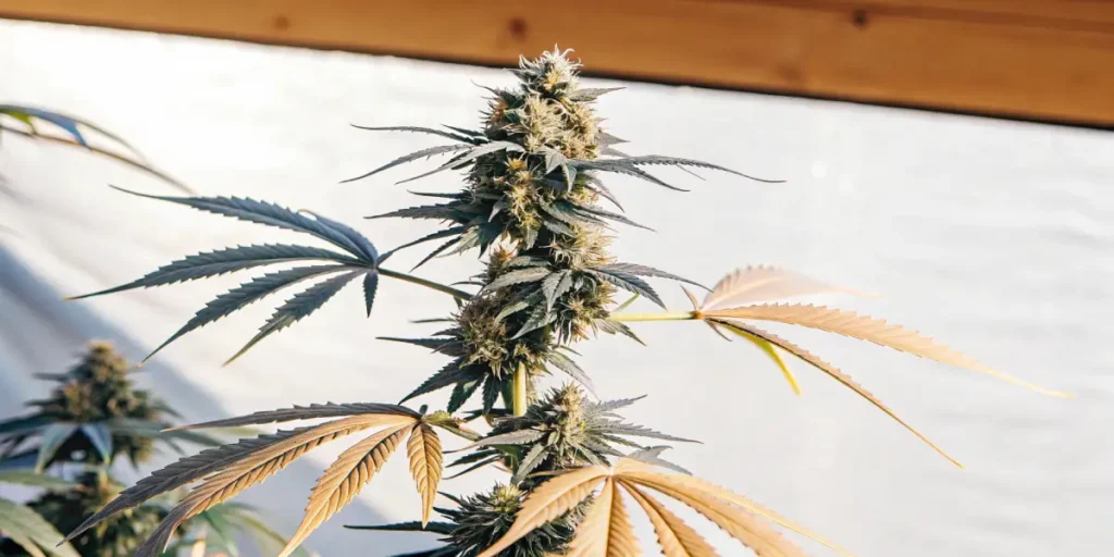 Close-up view of a healthy cannabis plant with thick buds, green and yellow leaves, and visible trichomes inside a greenhouse