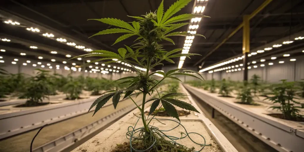 A healthy cannabis plant growing in a hydroponic system with visible roots submerged in nutrient-rich water under artificial grow lights in a controlled environment.