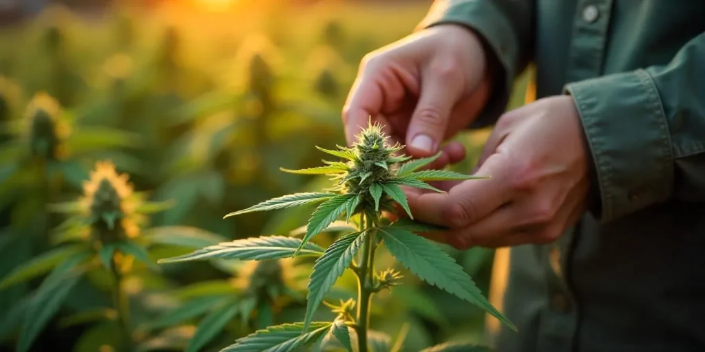 Man inspecting AK 47 Regular cannabis bud at sunset.