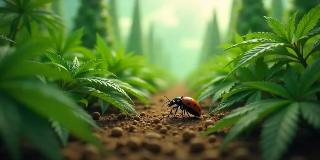 Ladybug crawling among AK 47 Regular cannabis seedlings.