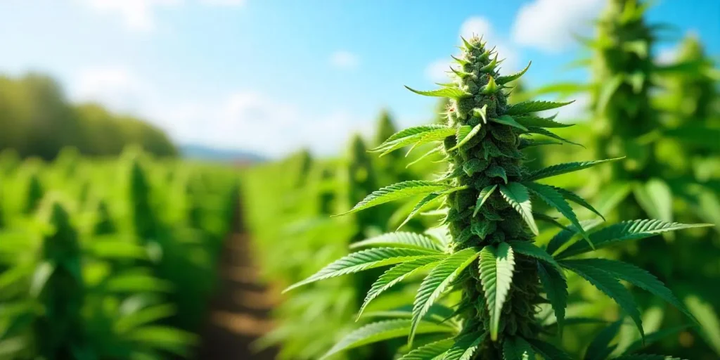 Outdoor field of flowering AK x White Widow Auto plants.