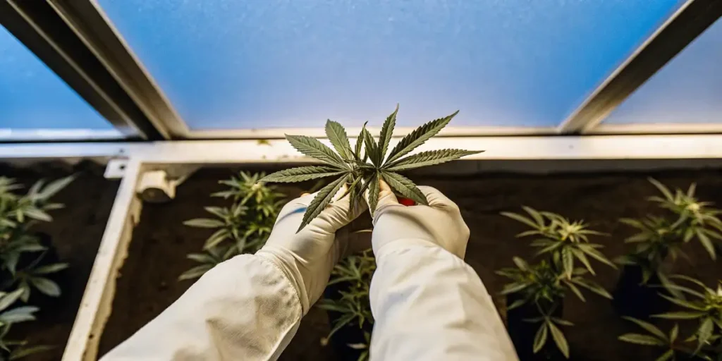 Botanist examining a cannabis plant with gloves, showing close attention to detail in a lab setting.