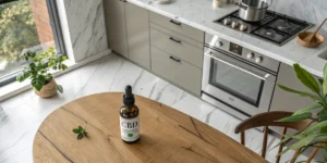 CBD oil bottle placed on a wooden table with a modern kitchen in the background.